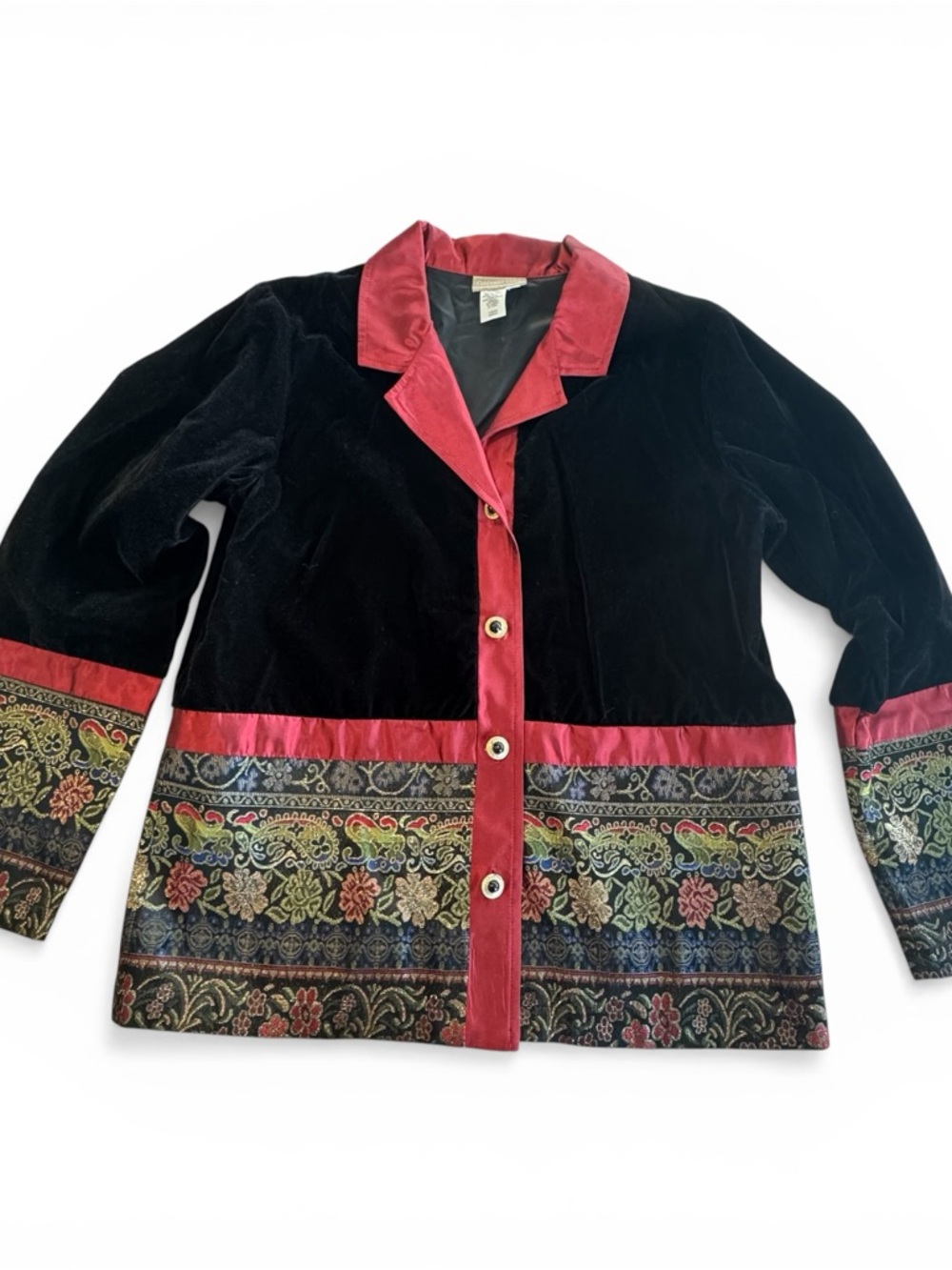 Coldwater Creek Black Velvet Blazer with Red Trim and Paisley Border